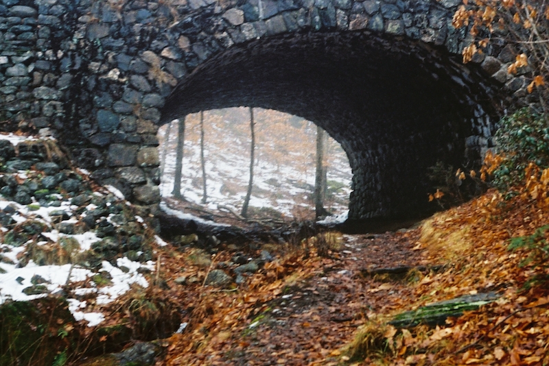 stone bridge in the snowy woods